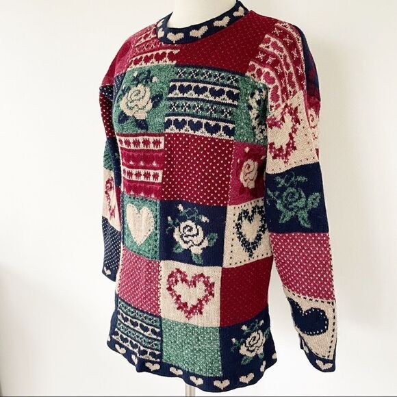Vintage Crewneck Pullover Knit Sweater Floral Heart Patches Women Size XS Small - Picture 5 of 7